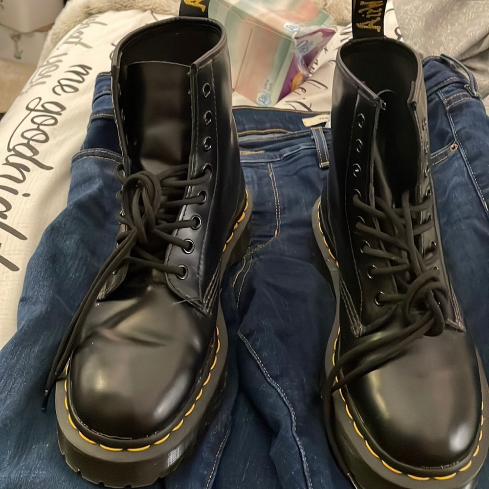 Dr. Martens Black Leather Lace-Up Boots with Yellow Stitching